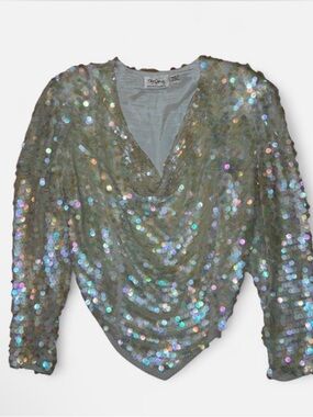 Oleg Cassini Iridescent Sequin Drape Blouse - Champagne